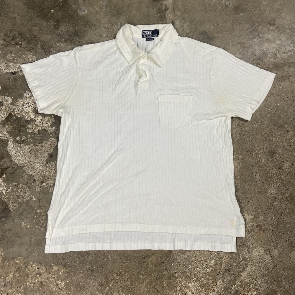 Vintage 90s Polo Ralph Lauren Polo Shirt Size Large Cream Verticals Ribbed Pony